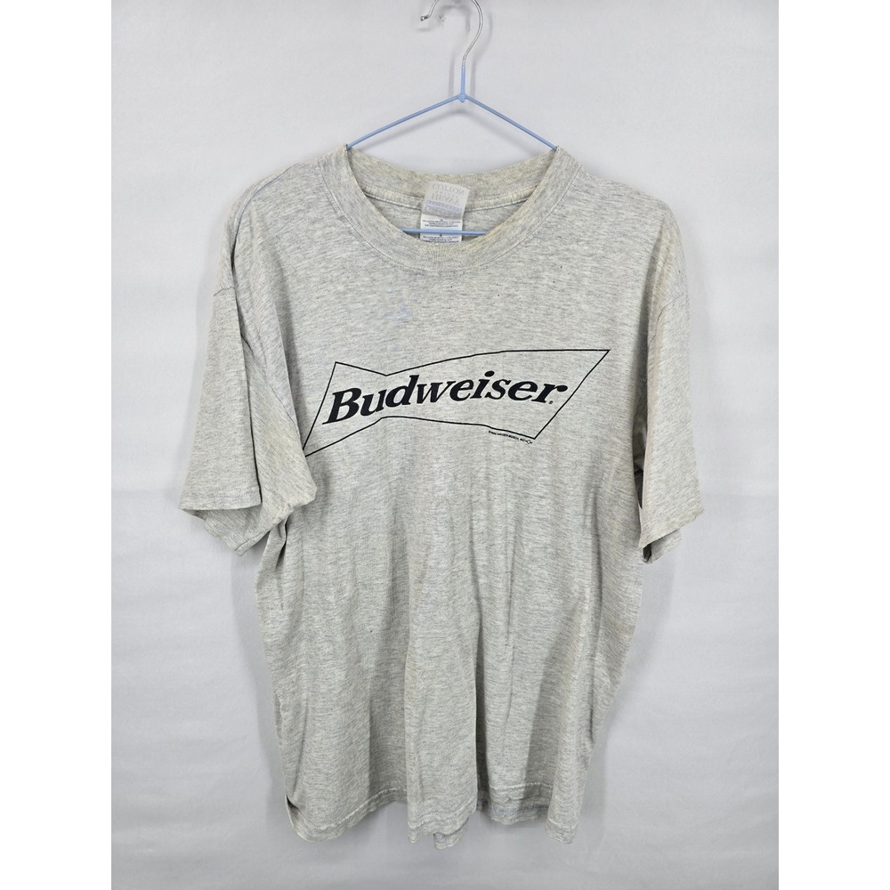Vintage 1999 Budweiser Bowtie Logo T-Shirt Mens Large Gray Gildan Heavy Cotton